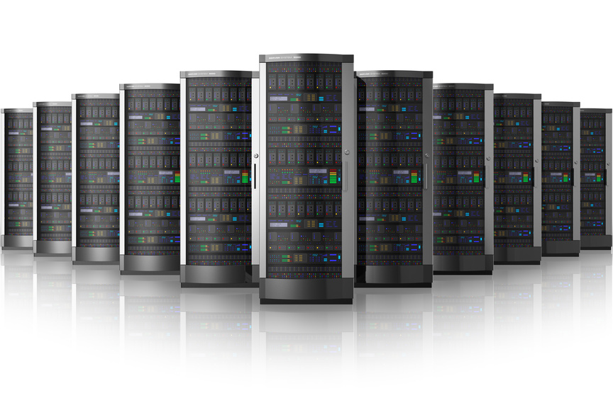 Row of network servers in data center isolated on white background with reflection effect